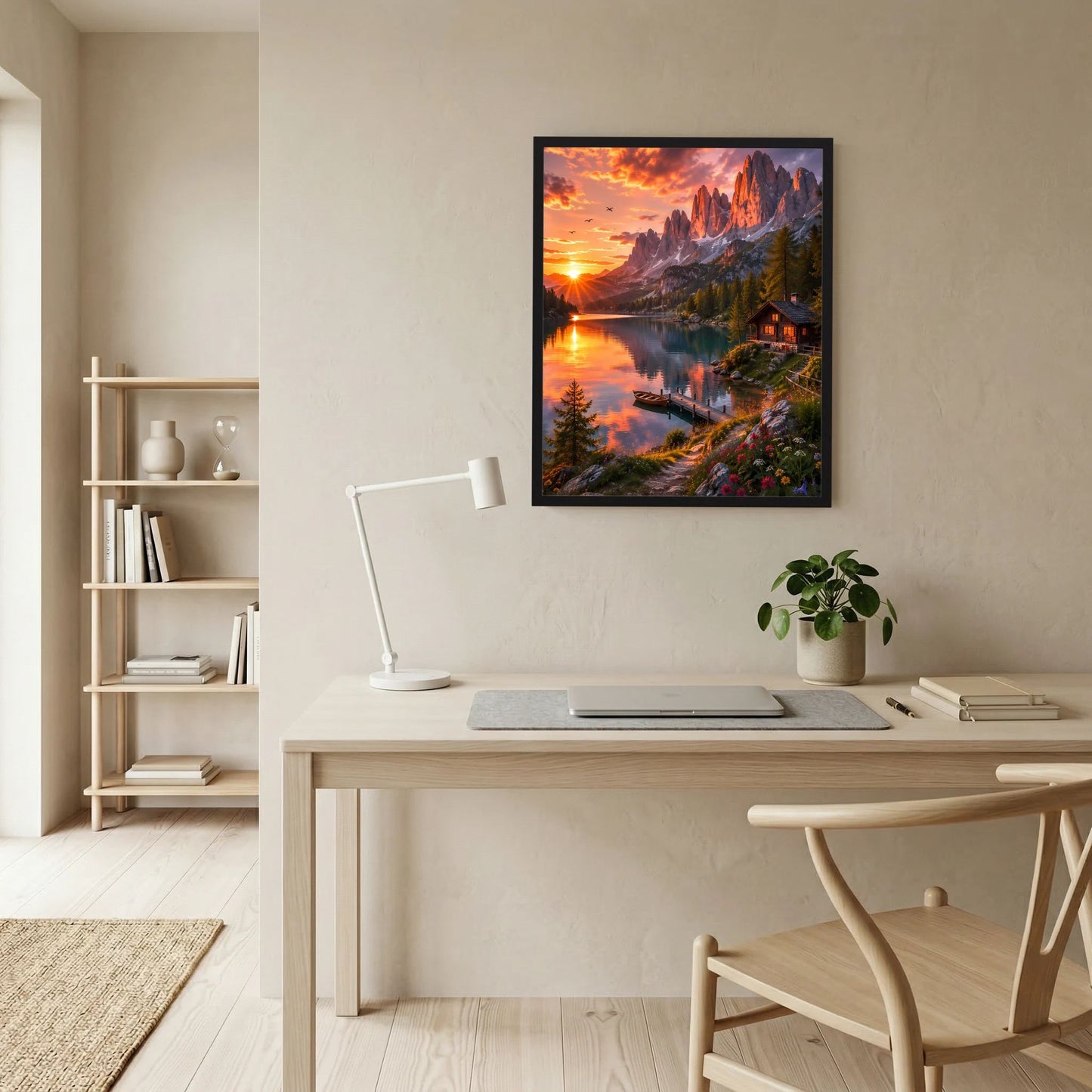 Gerahmtes Hochformat-Poster mit Bergsee, Sonnenuntergang und beleuchteter Berghütte