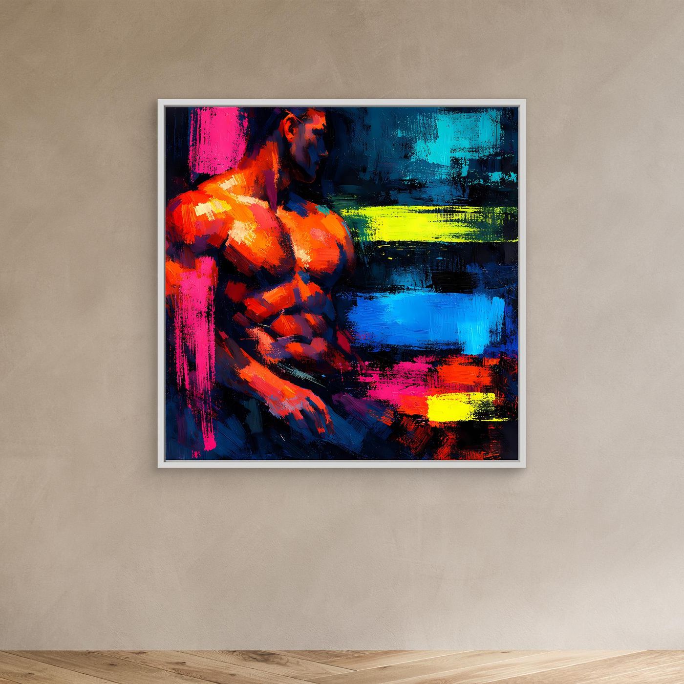 Leinwandbild Abstrakter Männlicher Torso | Moderner Neon-Kunst Wandbild auf echtem Holzkeilrahmen