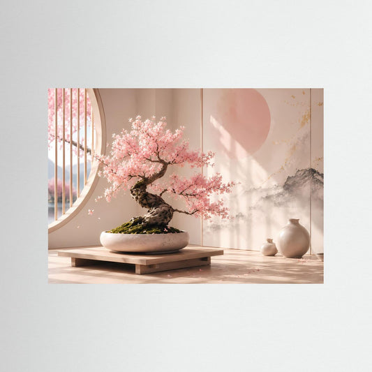 Querformat-Poster mit Kirschblüten-Bonsai auf Podest, rosa Blüten, Vasen.