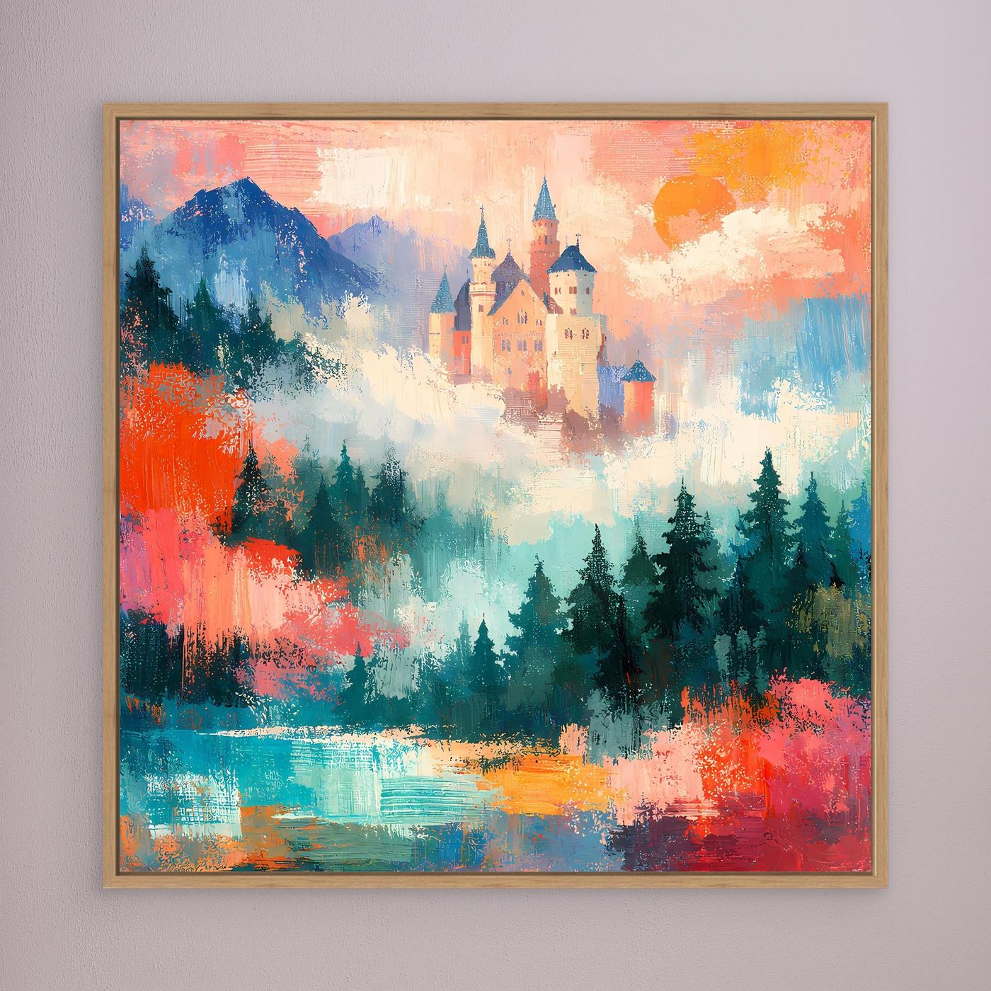 Abstraktes Leinwand-Wandbild mit Schloss und Bergsee, goldbraun gerahmt
