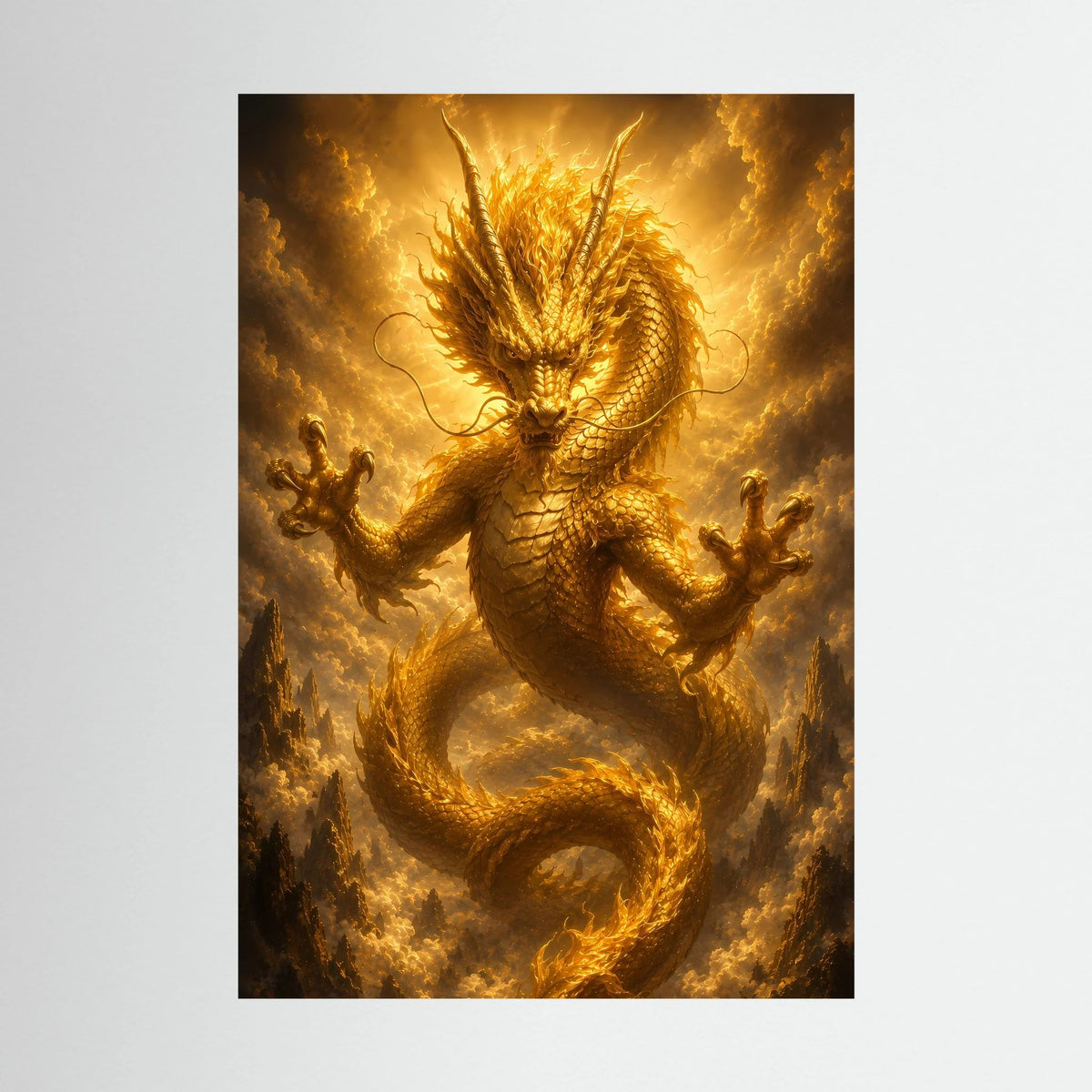 Hochformat-Poster mit goldener chinesischer Drachenfigur im Flammenhintergrund
