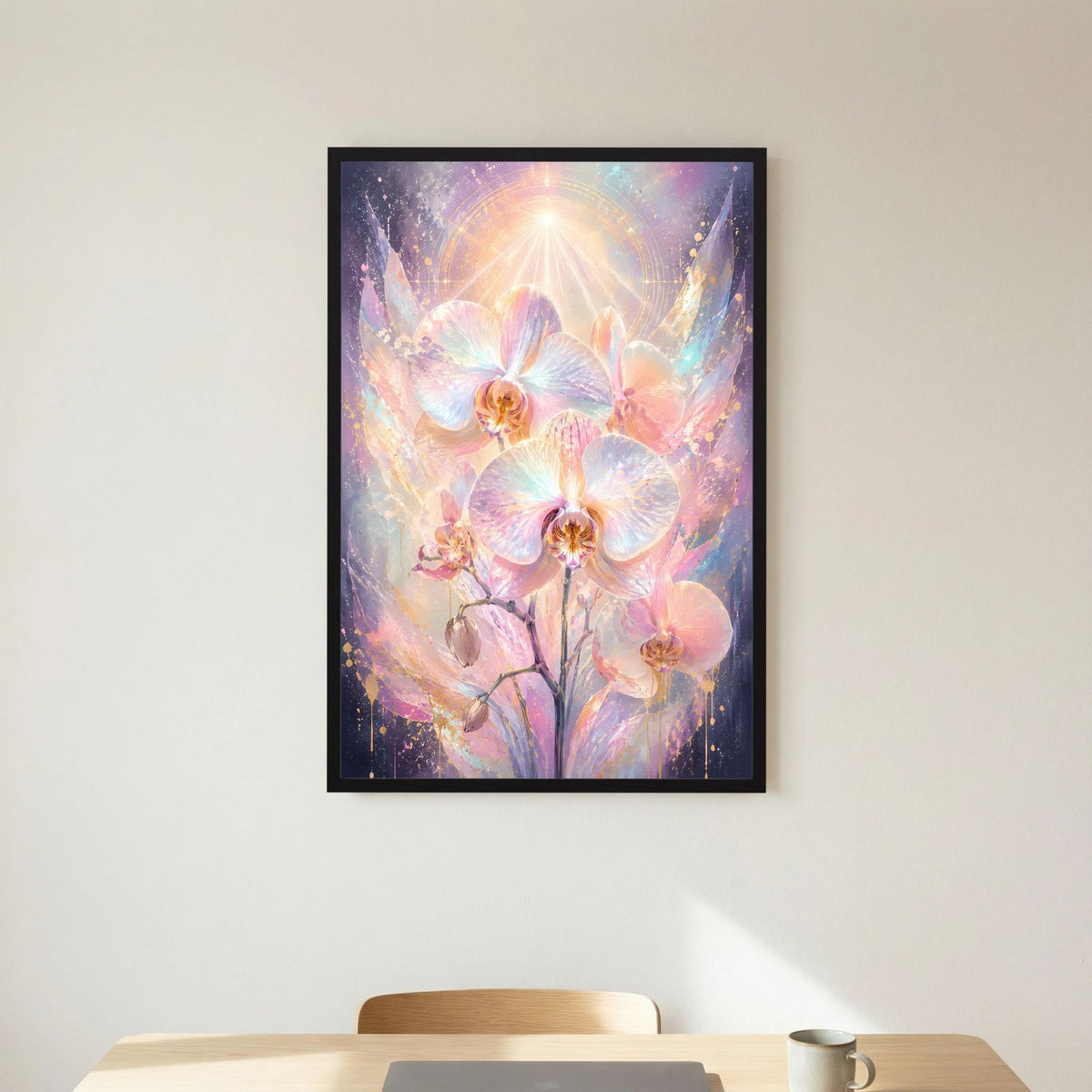 Poster im Hochformat mit Pastell-Orchideen in Rosa-Gold, schwarzer Rahmen