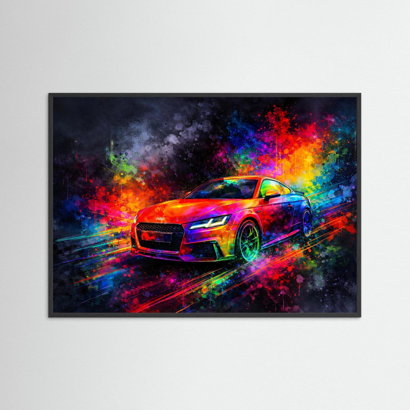 Explosiver Modern Sportwagen | Buntes Neon Auto Wandbild & Kunst Poster Querformat