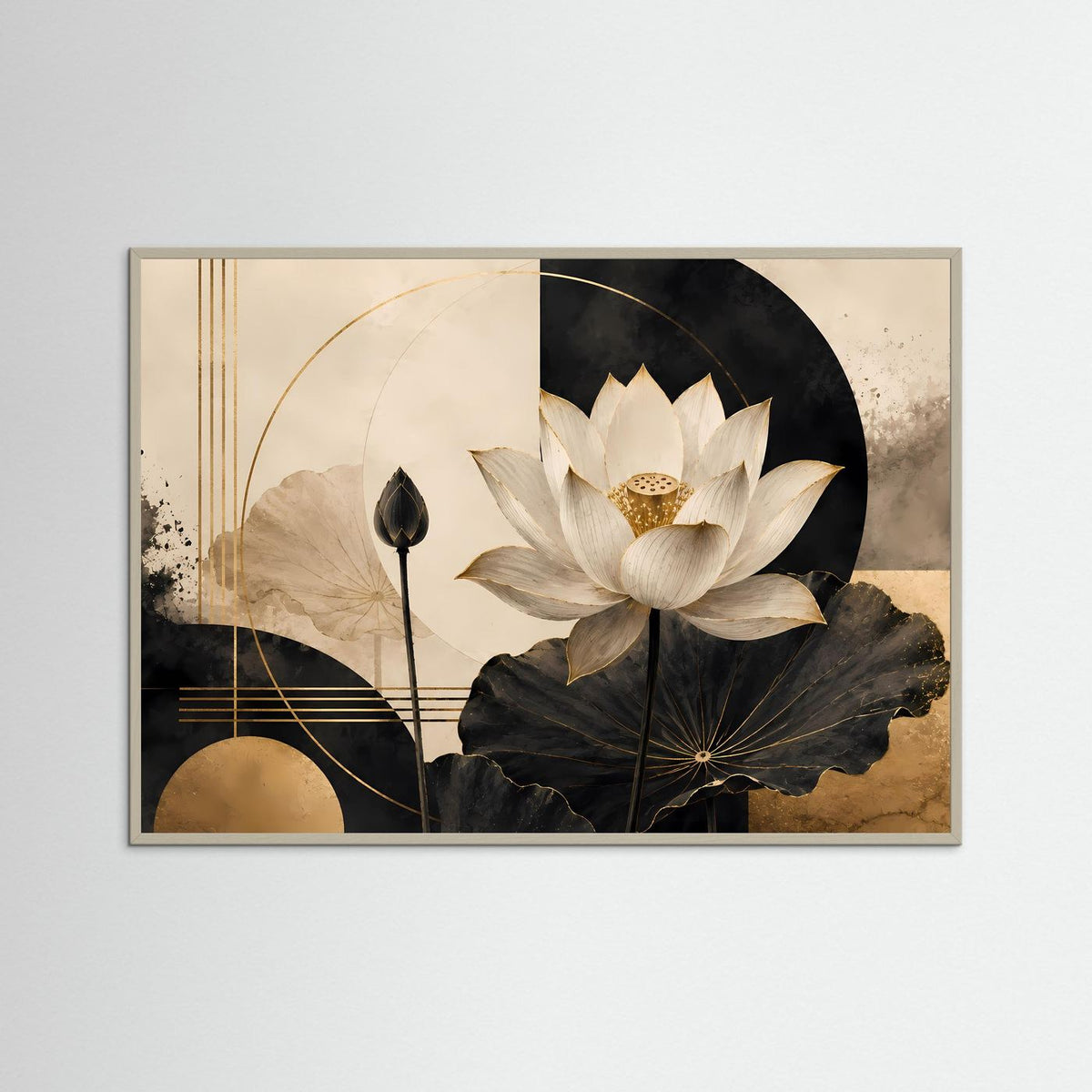 Abstraktes Lotusblüten-Poster im grauen Rahmen: weiße Blume mit schwarzem Kreismotiv