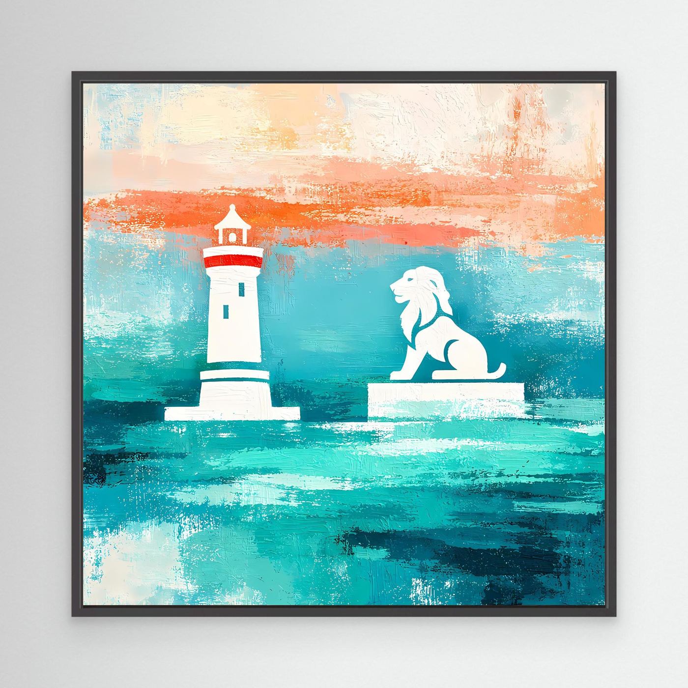 Leinwand Maritimer Leuchtturm und Löwe | Abstraktes Küsten Wandbild Lindau