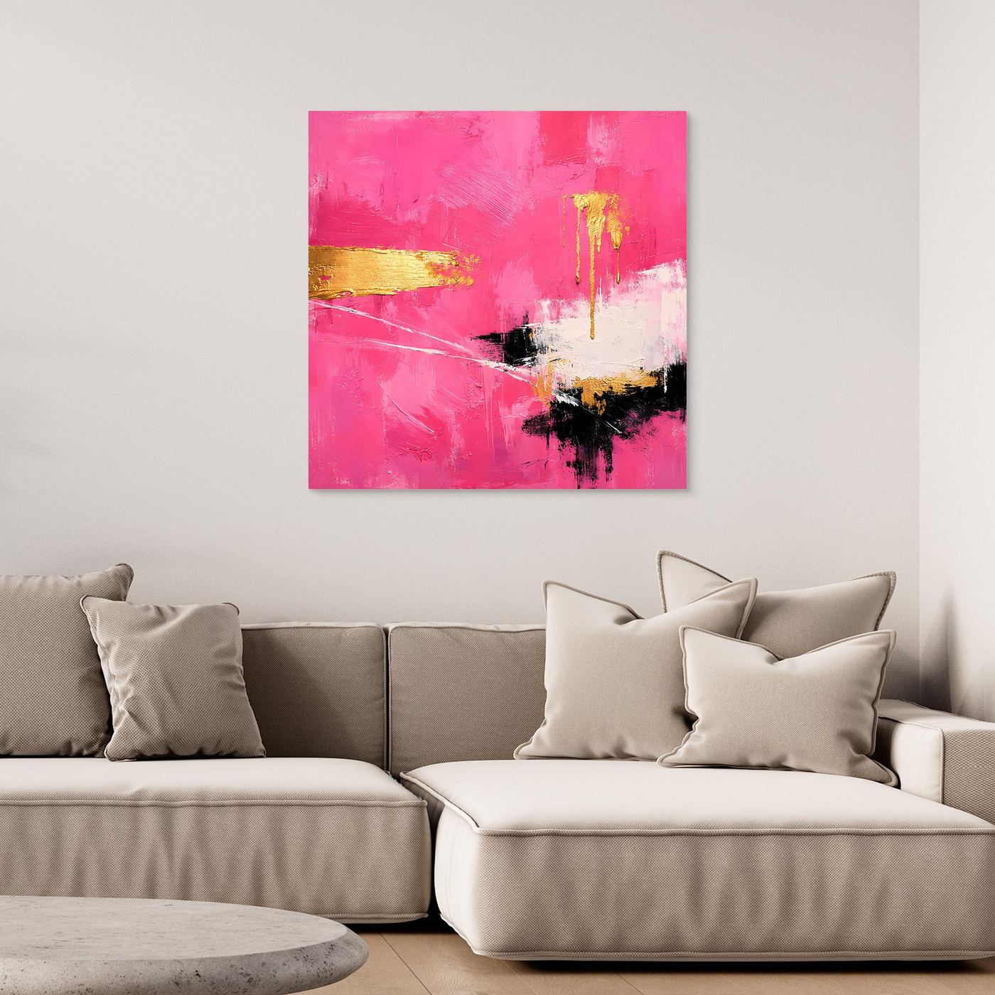 Leinwand Abstraktes Farbenspiel in Pink und Gold | Modernes Expressionistisches Wandbild