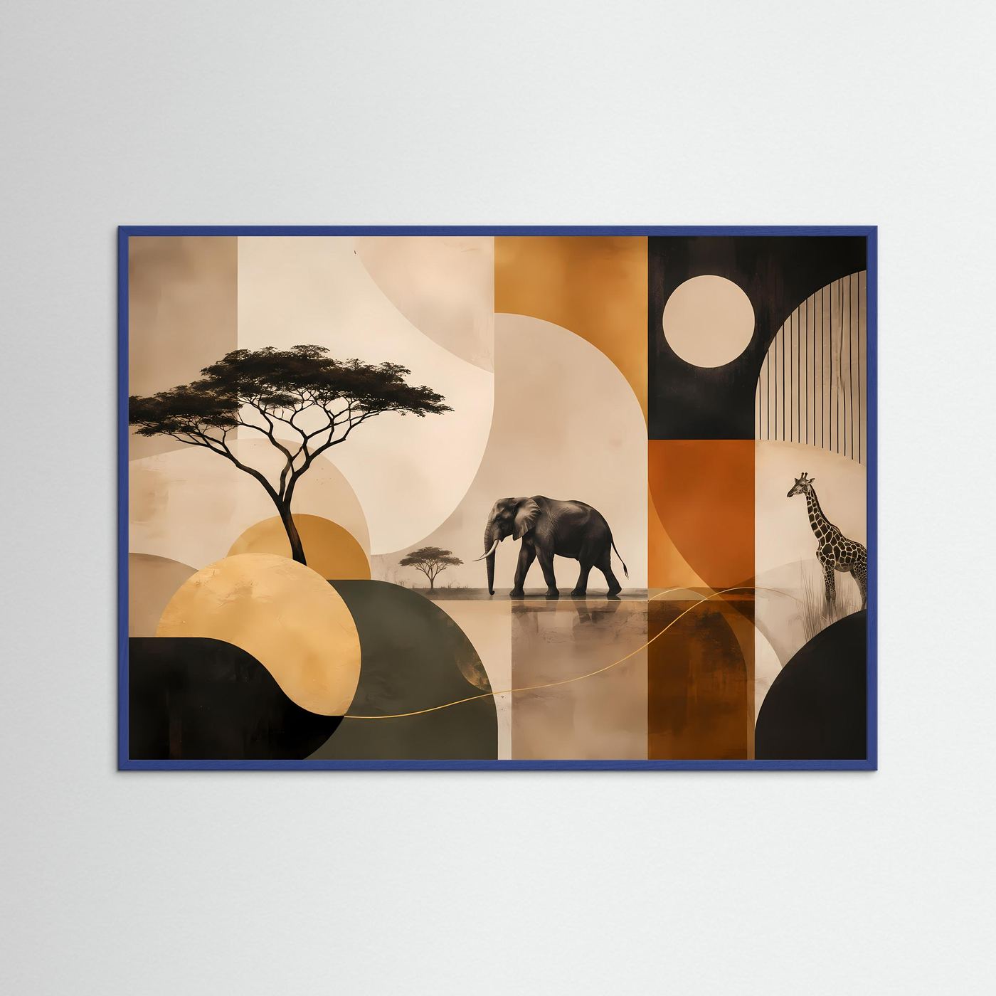 Abstraktes Poster mit Elefant und Giraffe im Querformat, mit blauem Rahmen