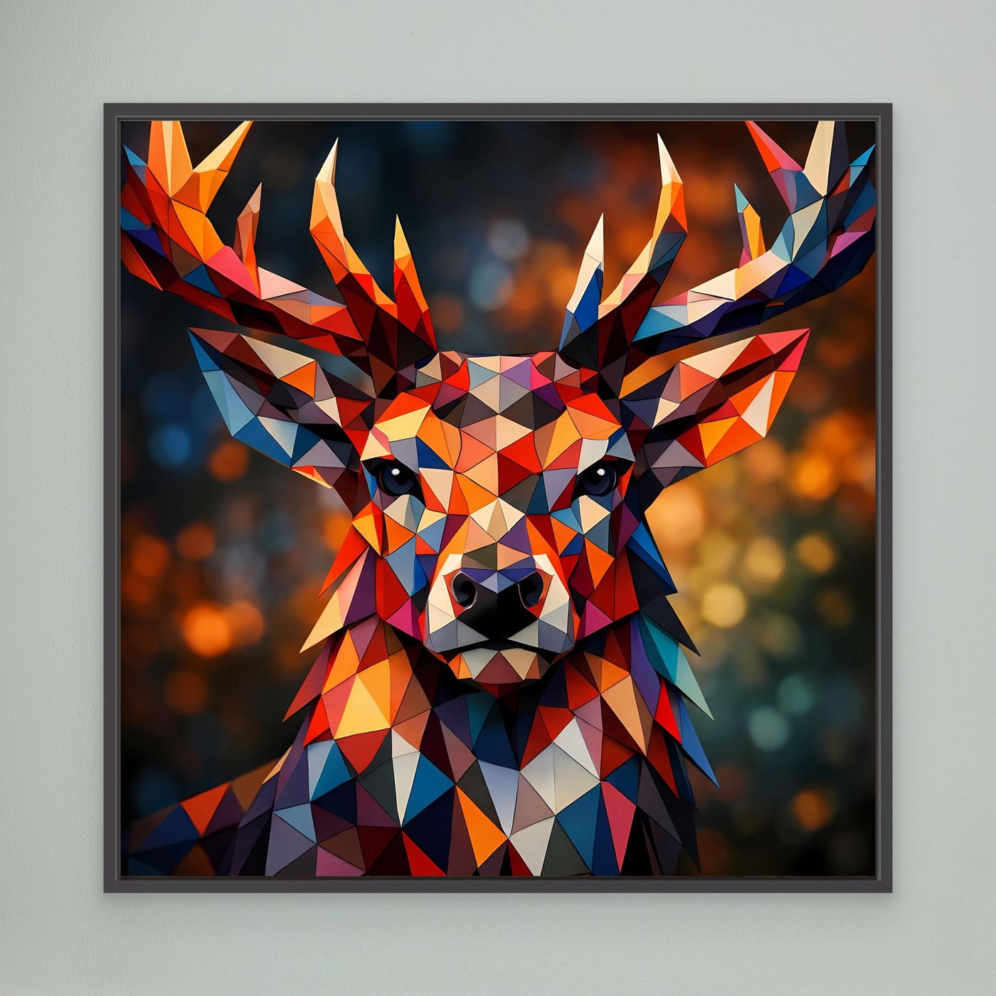 Gerahmtes Leinwandbild: geometrischer Hirsch in buntem Polygon-Stil, dunkel gerahmt
