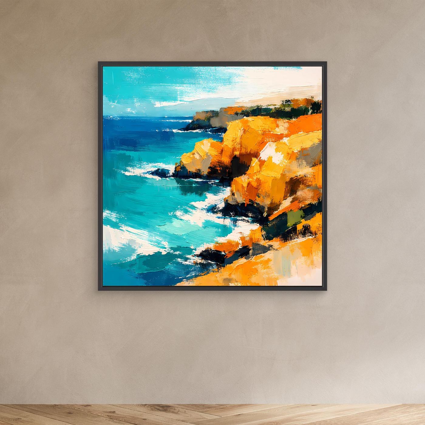 Leinwand Abstraktes Steilküsten Gemälde | Modernes Mediterranes Meeres Wandbild Blau Gelb