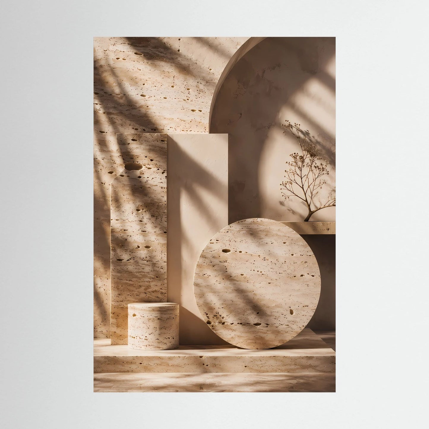 Abstraktes Architektur-Poster im Hochformat, beige Kreisscheibe und Naturzweig