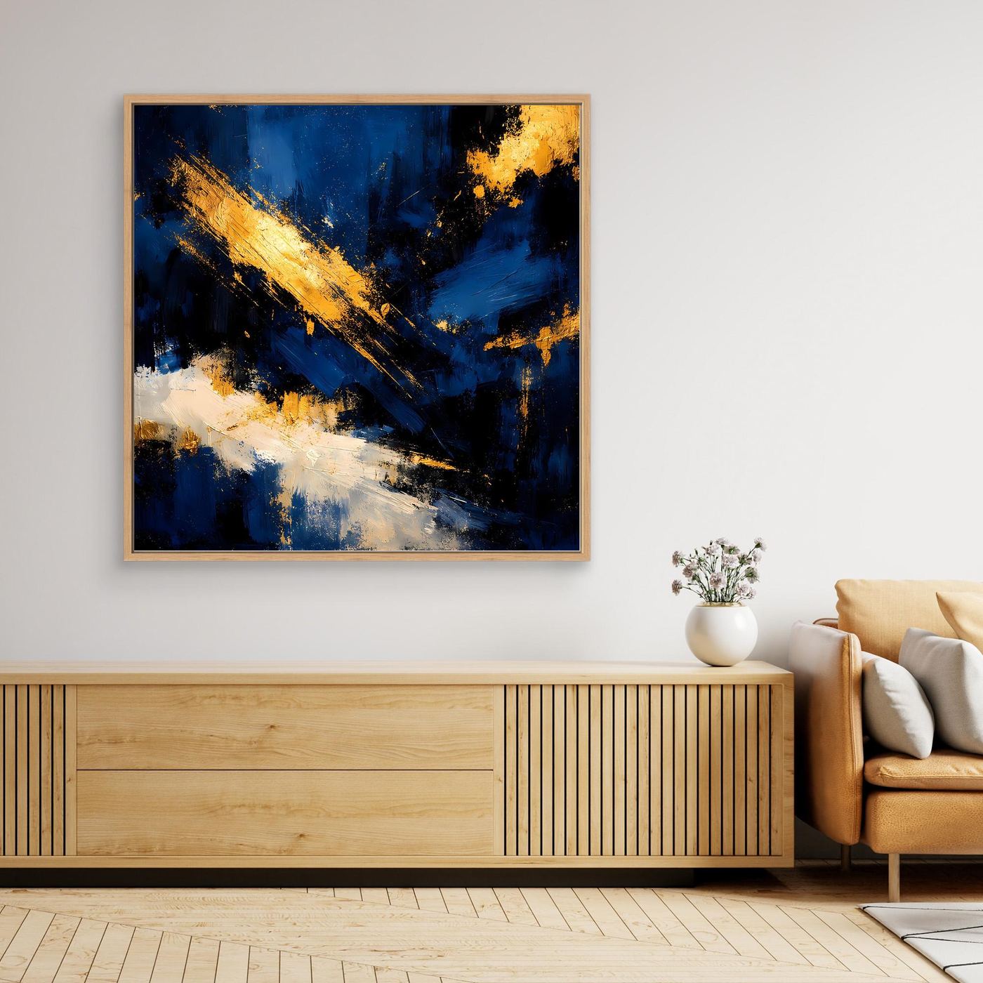 Leinwand Abstraktes Universum in Dunkelblau und Gold | Modernes Expressionistisches Wandbild