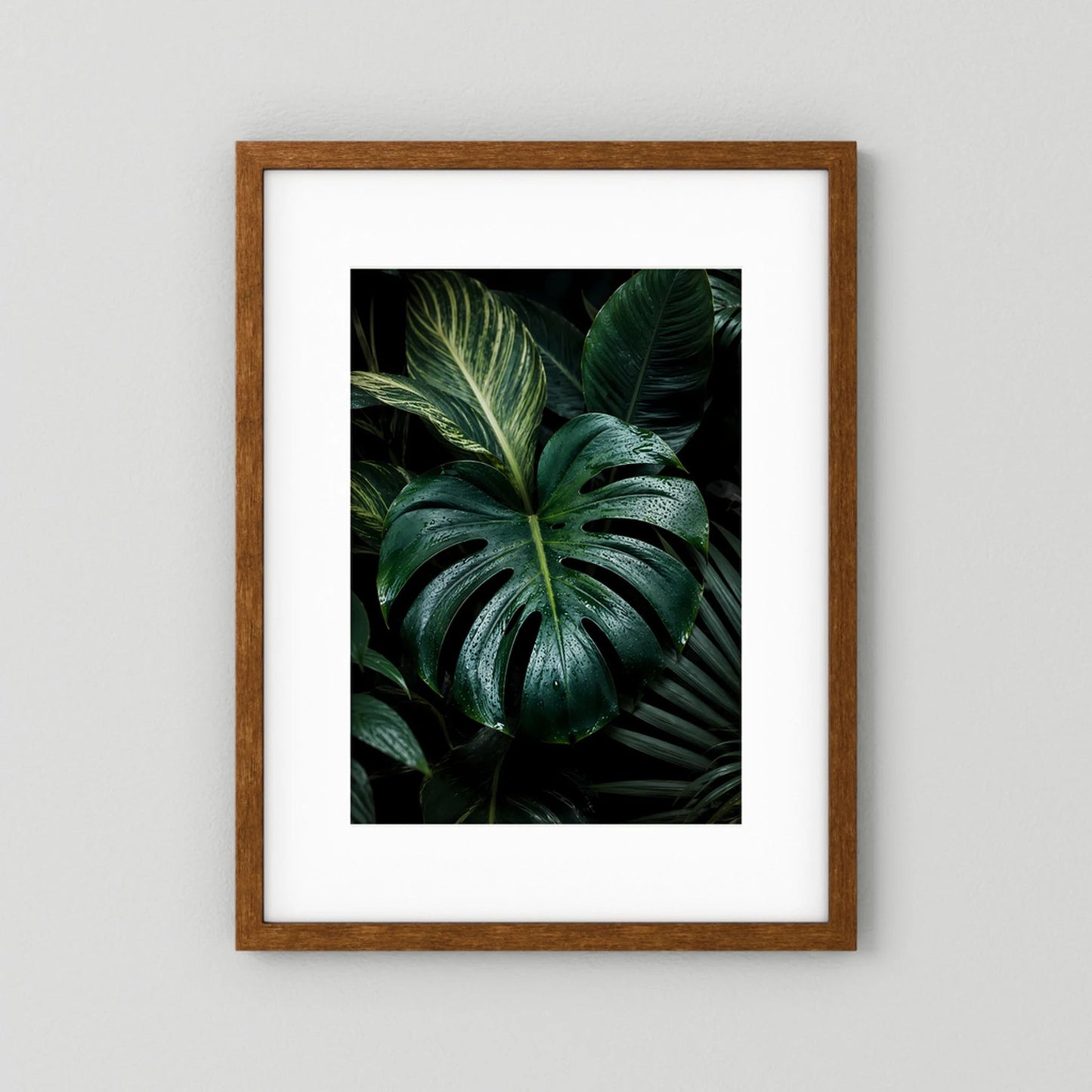 Poster mit Monstera-Tropenblättern, dunkelgrün, dunkelbrauner Holzrahmen