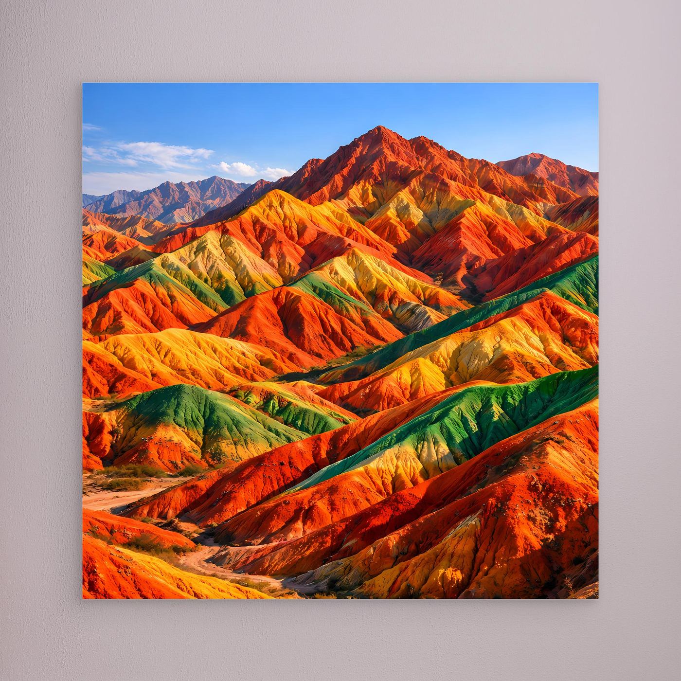 Leinwandbild Regenbogen-Berge mit Rot- und Grüntönen, ohne sichtbaren Rahmen