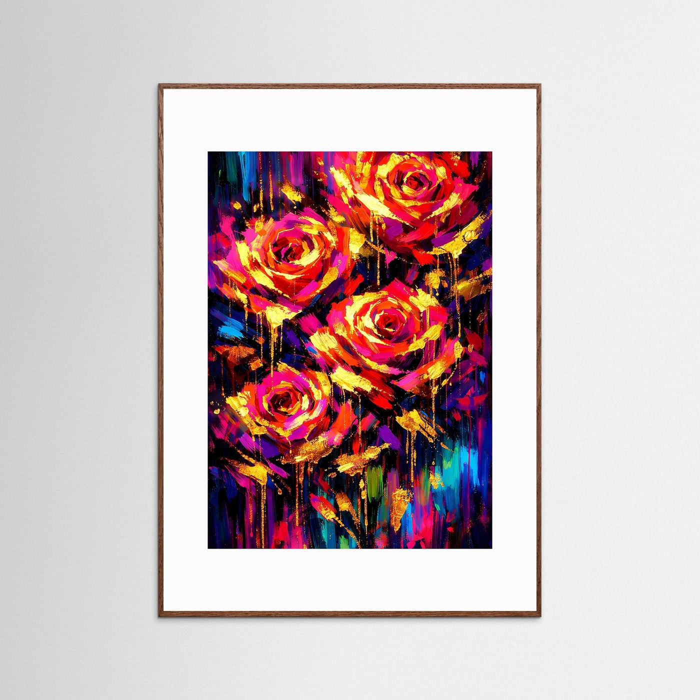 Kunstposter mit abstrakten Rosen im Hochformat, brauner Holzrahmen, farbenreich
