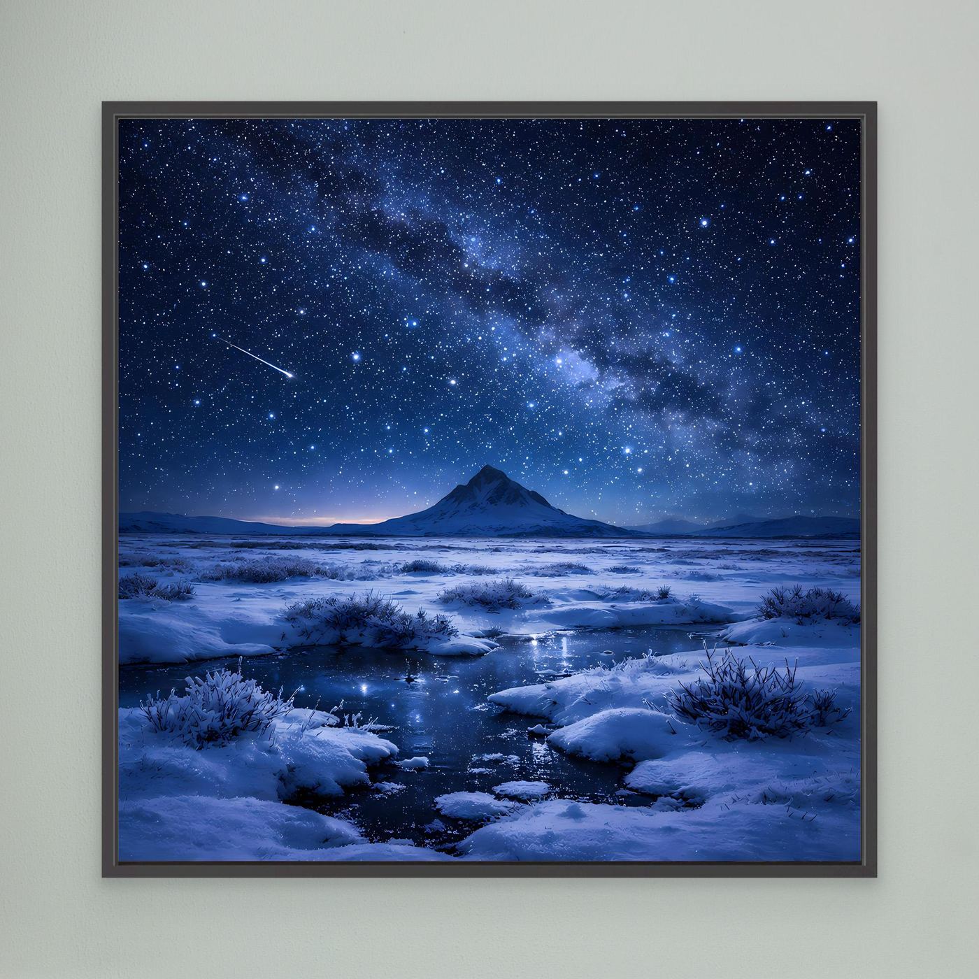 Leinwandbild Schneelandschaft mit Polarsternennacht, schwarz gerahmt
