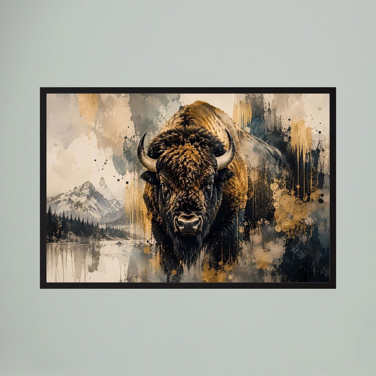 Abstraktes Bison-Poster in Schwarz-Gold, schwarzer Rahmen, mittig ausgerichtet