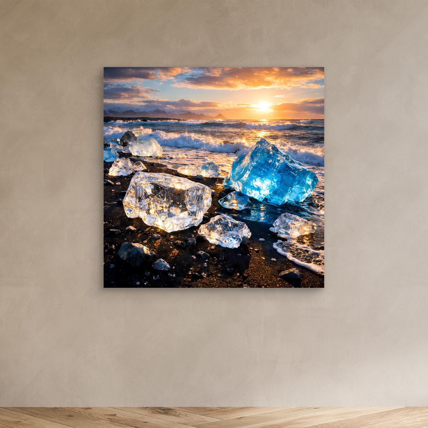 Leinwandbild mit Eisschollen auf schwarzem Strand, im schwarzen Rahmen