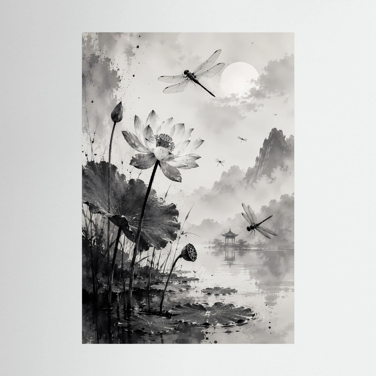 Hochformat-Poster in Schwarzweiß mit Lotusblüte und Libellen, Tuschezeichnung