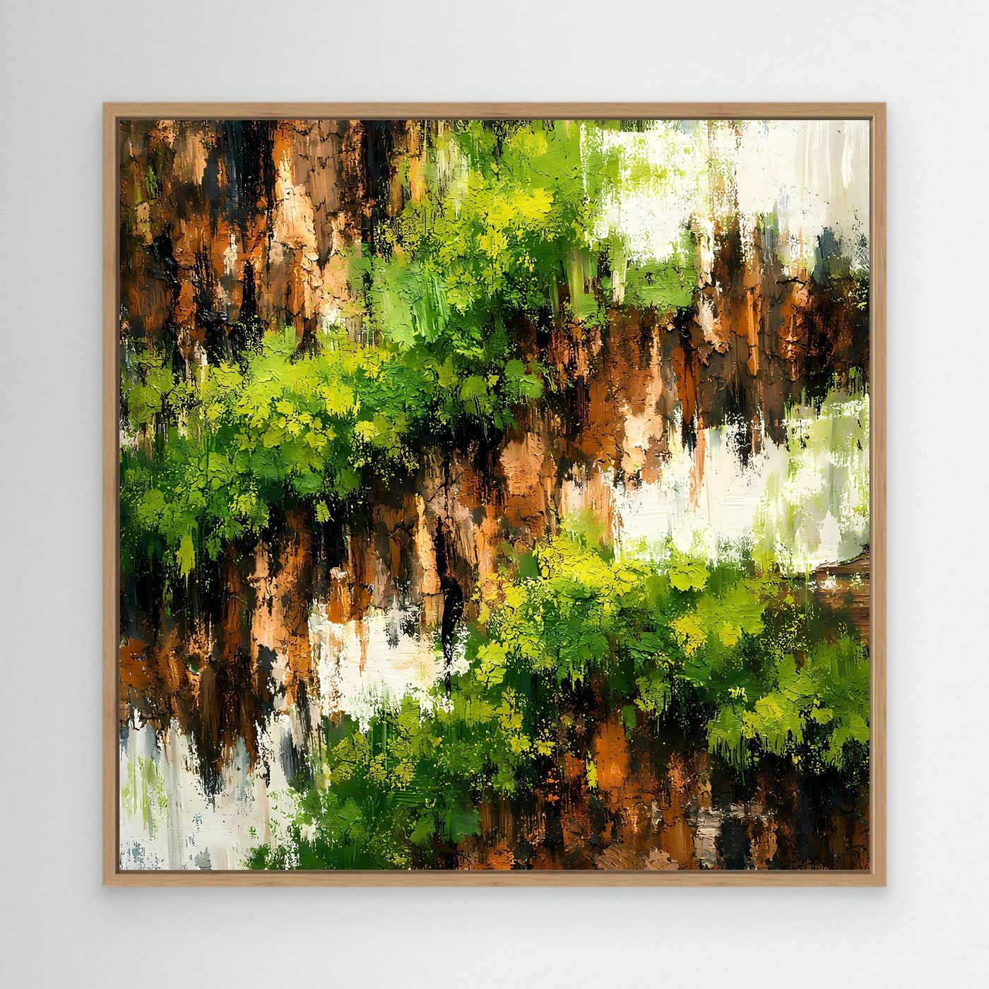 Wandbild mit bewachsener Felswand, grün-braunes abstraktes Leinwandmotiv, Eichenrahmen