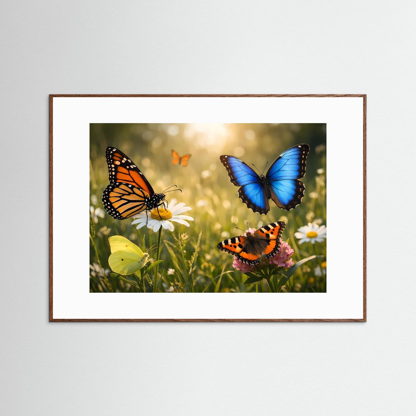 Gerahmter Schmetterlings-Print im Querformat mit braunem Rahmen und vier bunten Schmetterlingen.