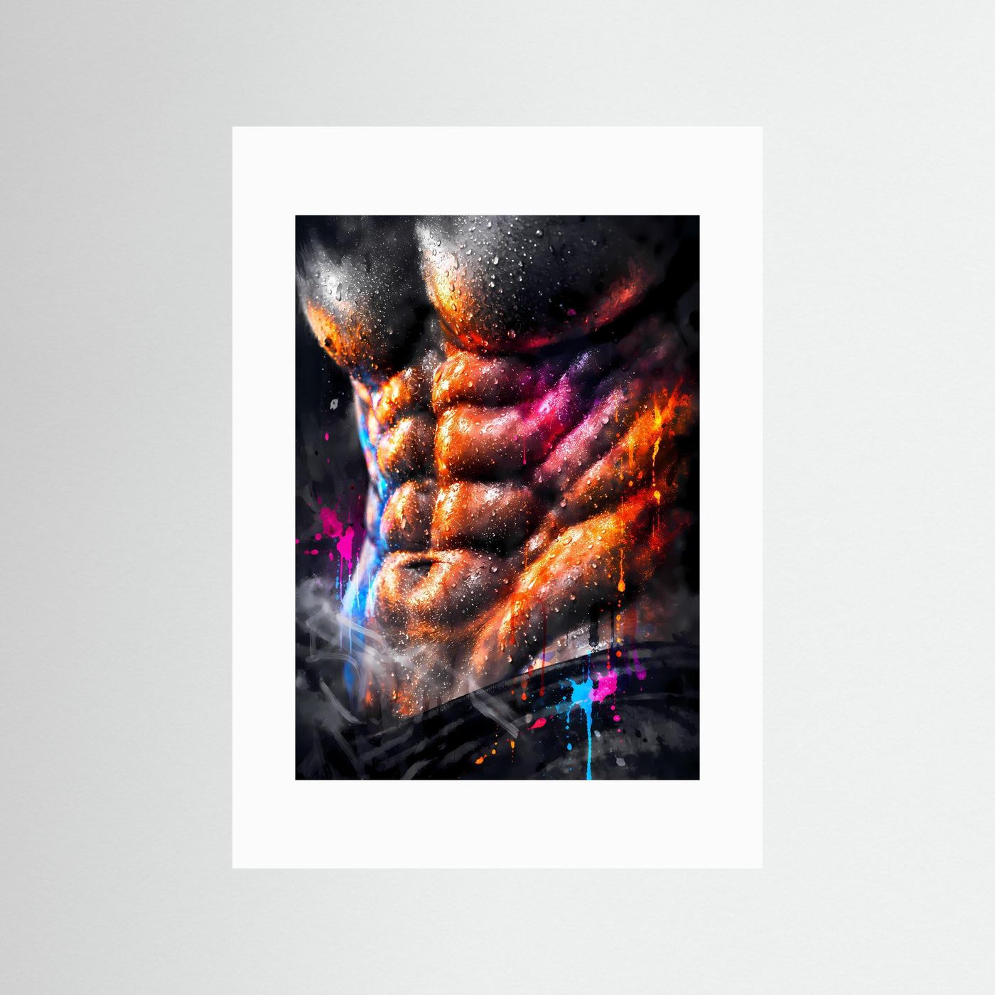 Die Kunst der Definition | Neon Muskel Poster mit durchtrainiertem Sixpack & Regenbogen-Farben | Abstraktes Bodybuilding Kunstposter Hochformat