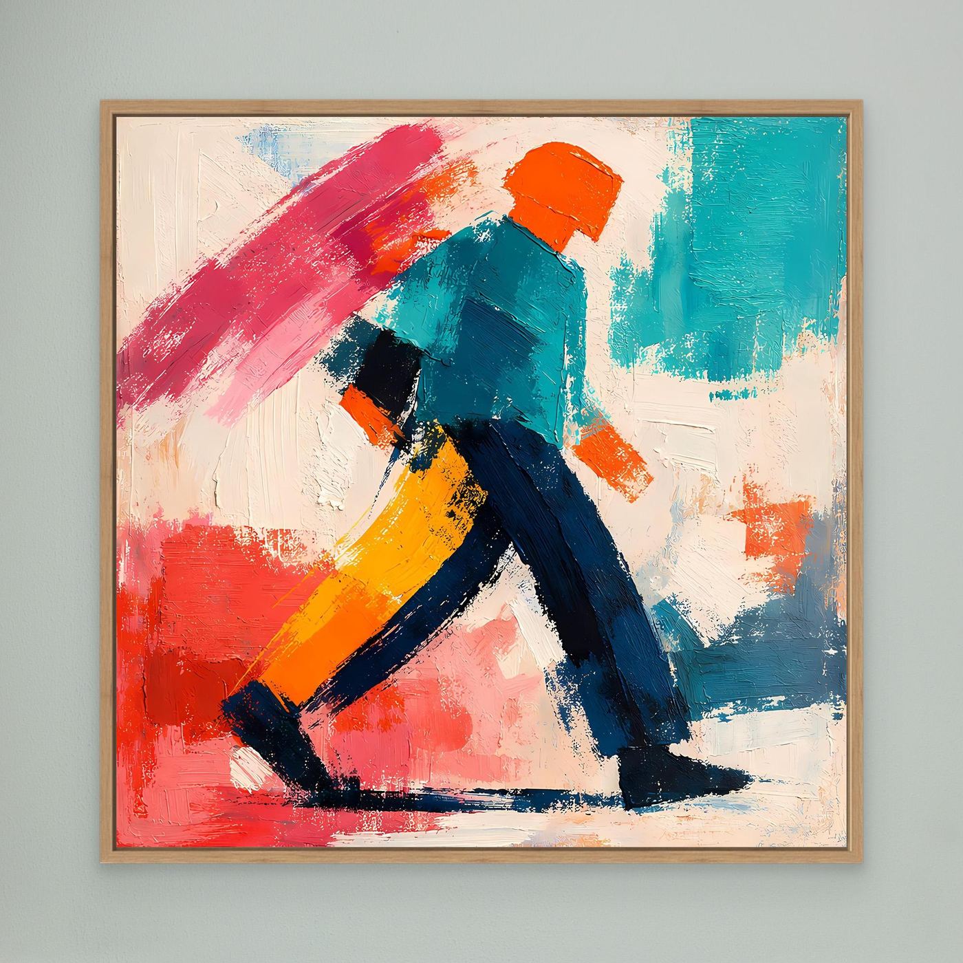 Abstract pop art wall painting with wood frame and colorful strolling figure in red, teal
