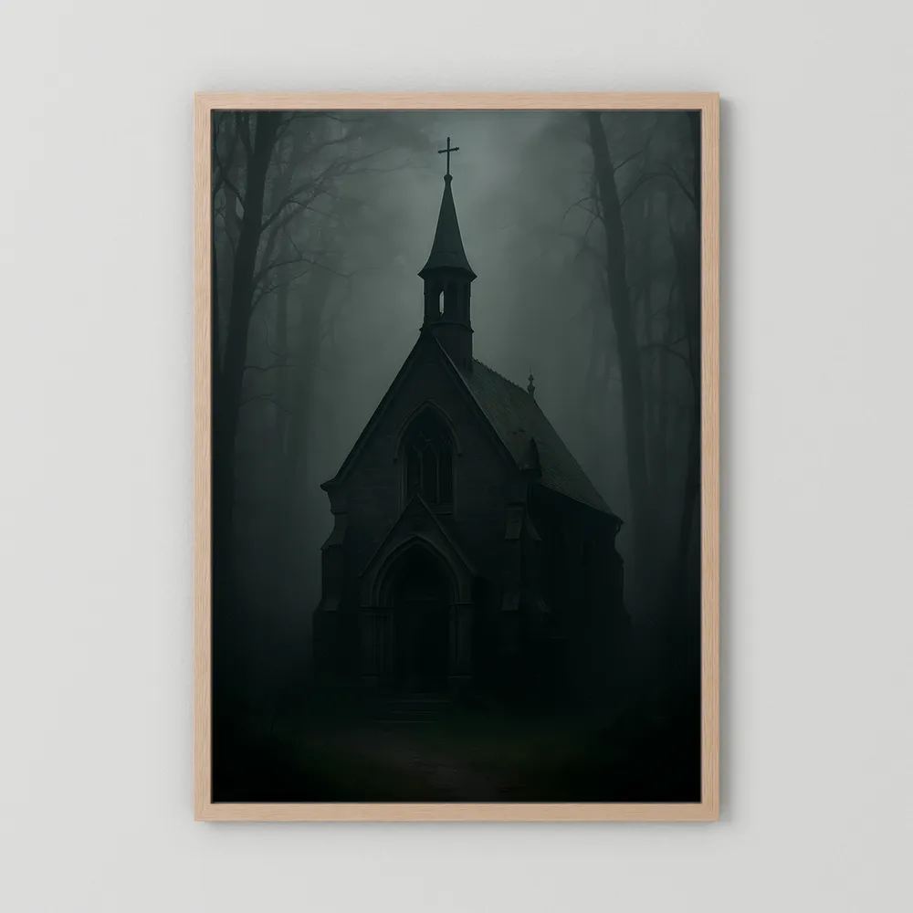 Gerahmtes Poster mit dunkler gotischer Kapelle im Nebel, Holzrahmen hellbraun