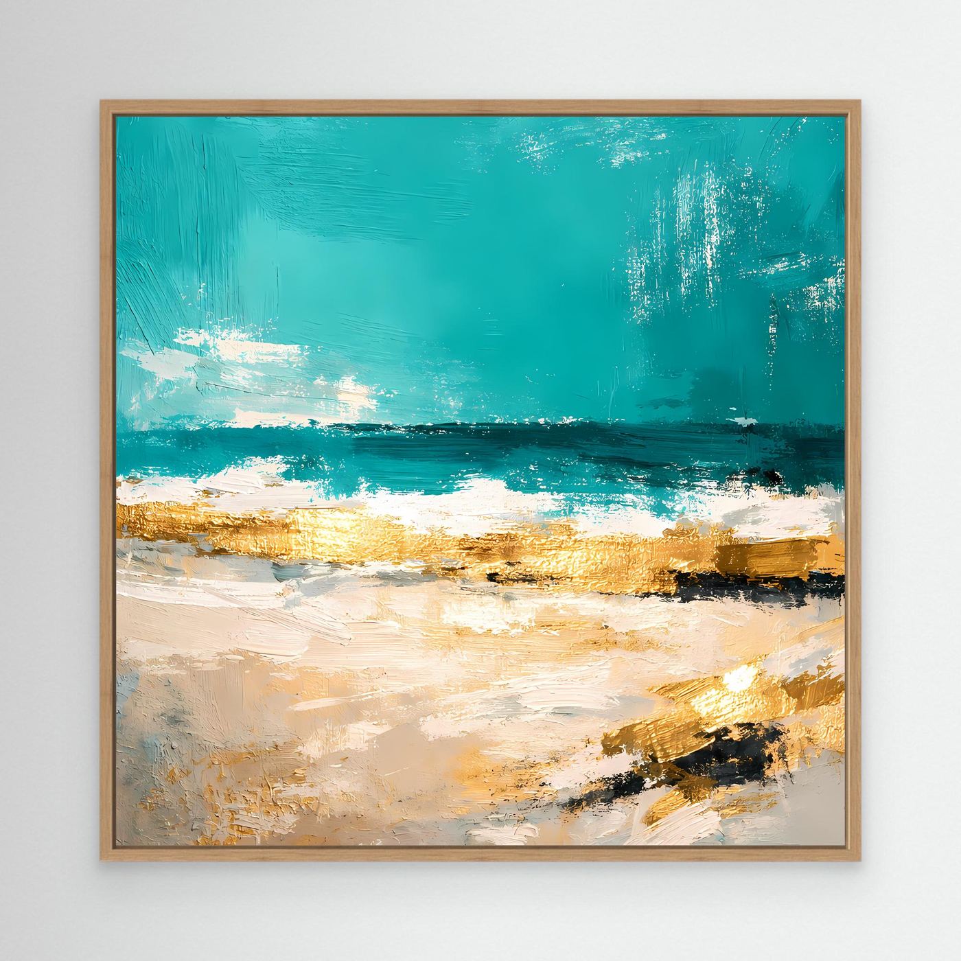 Leinwand Abstraktes Strandgemälde in Türkis und Gold | Modernes Meer Wandbild