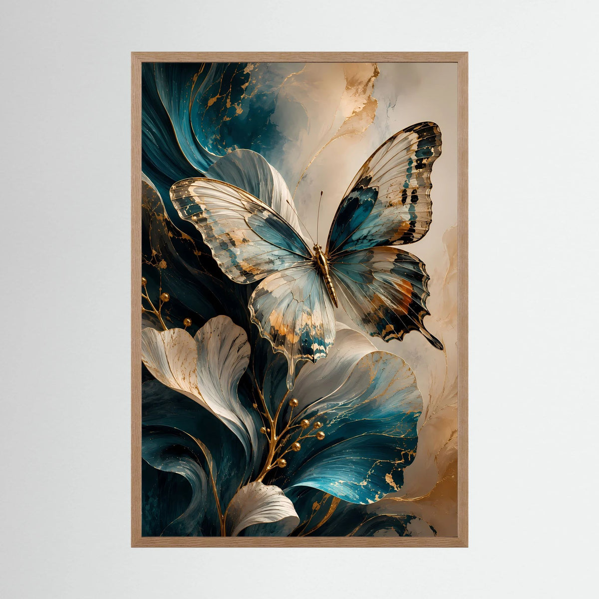 Eleganter Schmetterling in Petrol und Gold | Abstrakte florale Kunst | Poster Hochformat