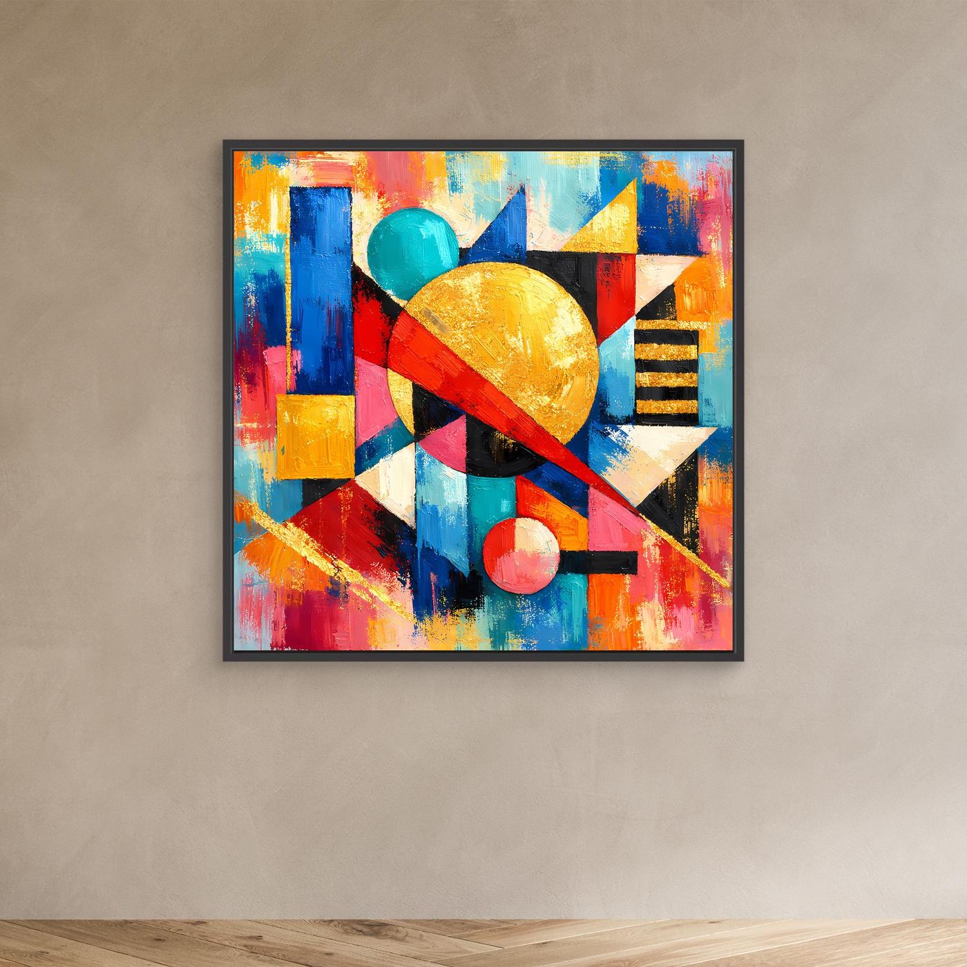 Leinwandbild mit schwarzem Rahmen und abstrakten geometrischen Formen, farbige Flächen und Kreise
