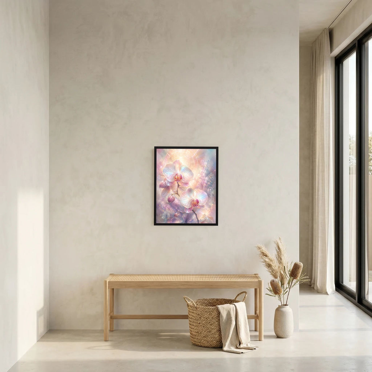 Wandposter im Rahmen: pastellfarbene Orchideenblüten mit leuchtendem Kreis-Motiv