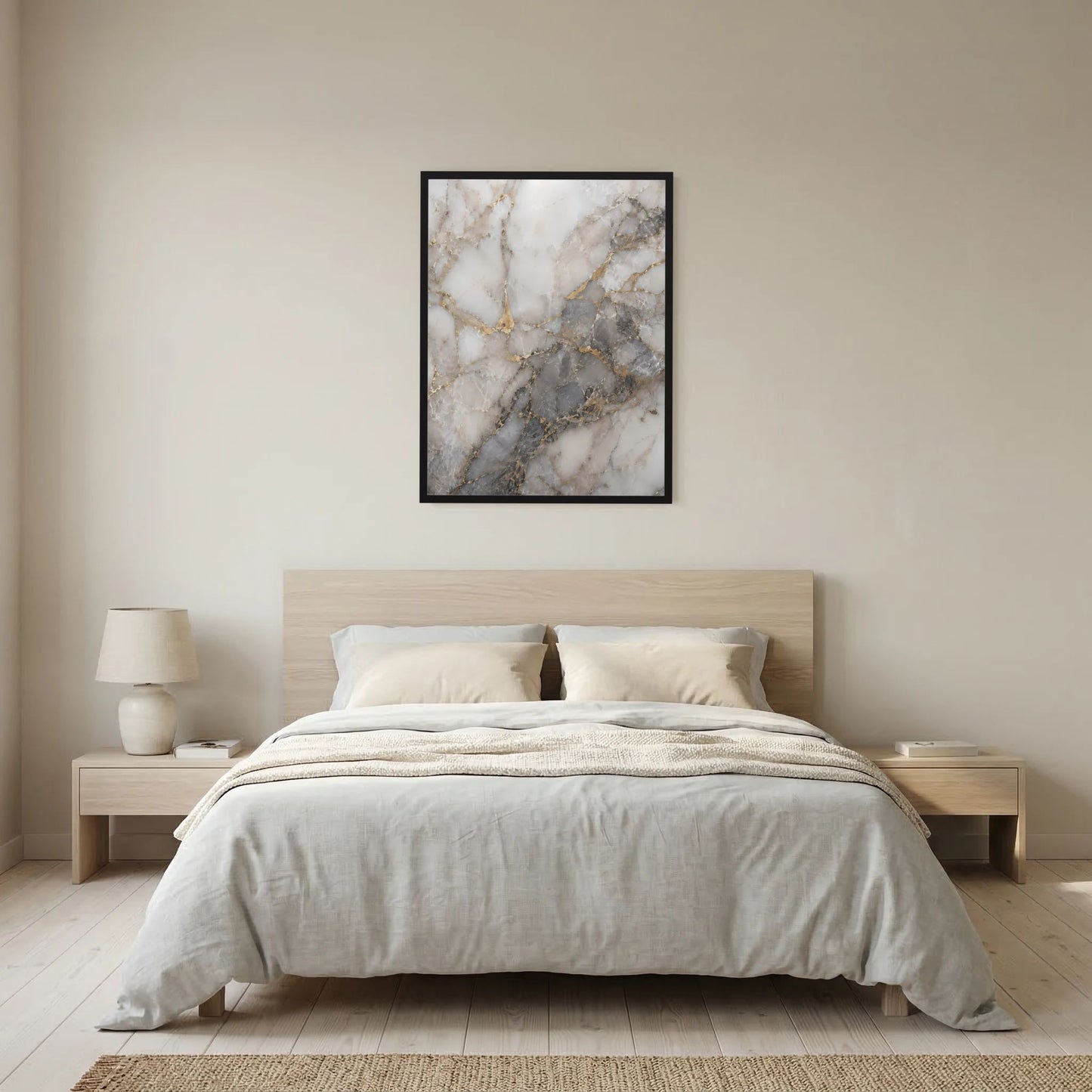 Poster mit marmorierter Steinoptik: Weiß und Grau mit feinen goldenen Adern im schwarzen Rahmen.