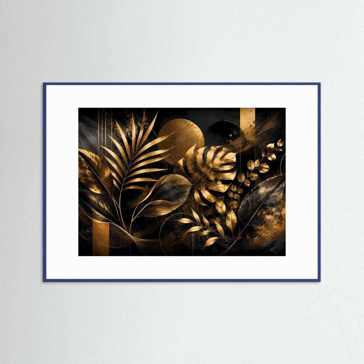 Gerahmtes Poster mit tropischen Blättern in Schwarz und Gold, blauem Rahmen