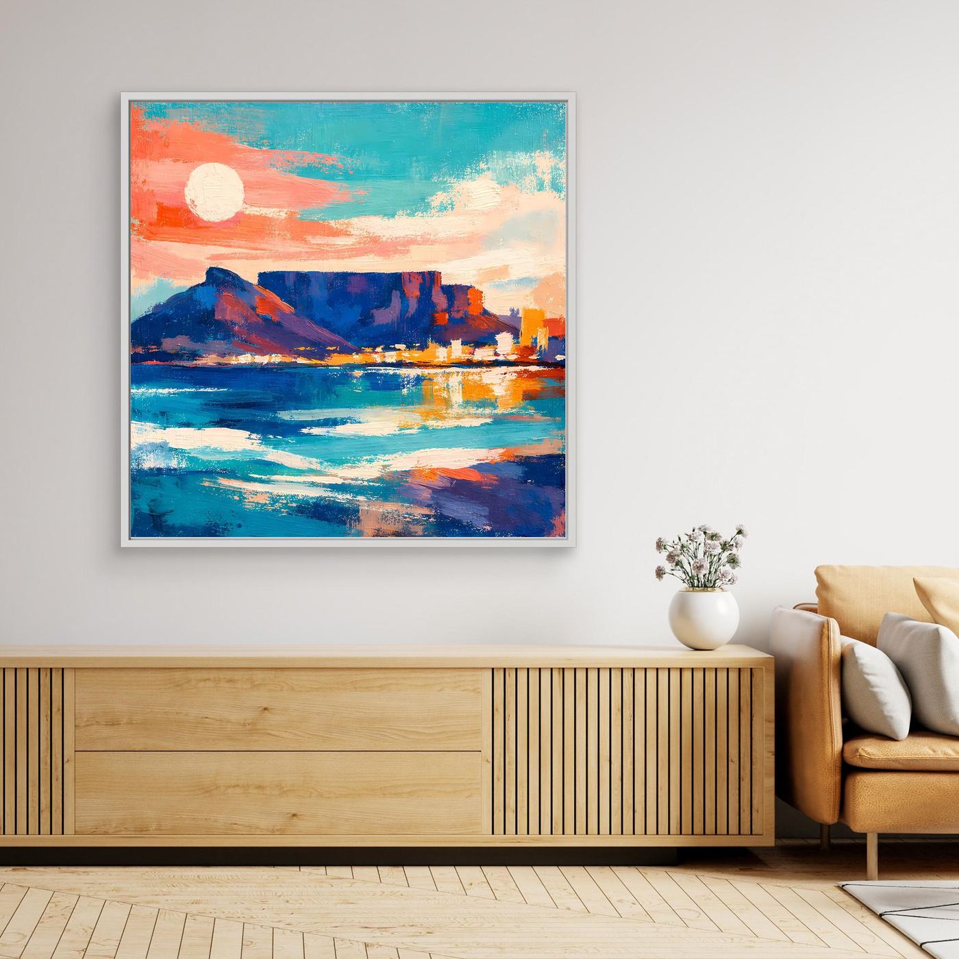 Buntes Leinwand-Wandbild mit Berg- und Meerlandschaft, hellem Rahmen