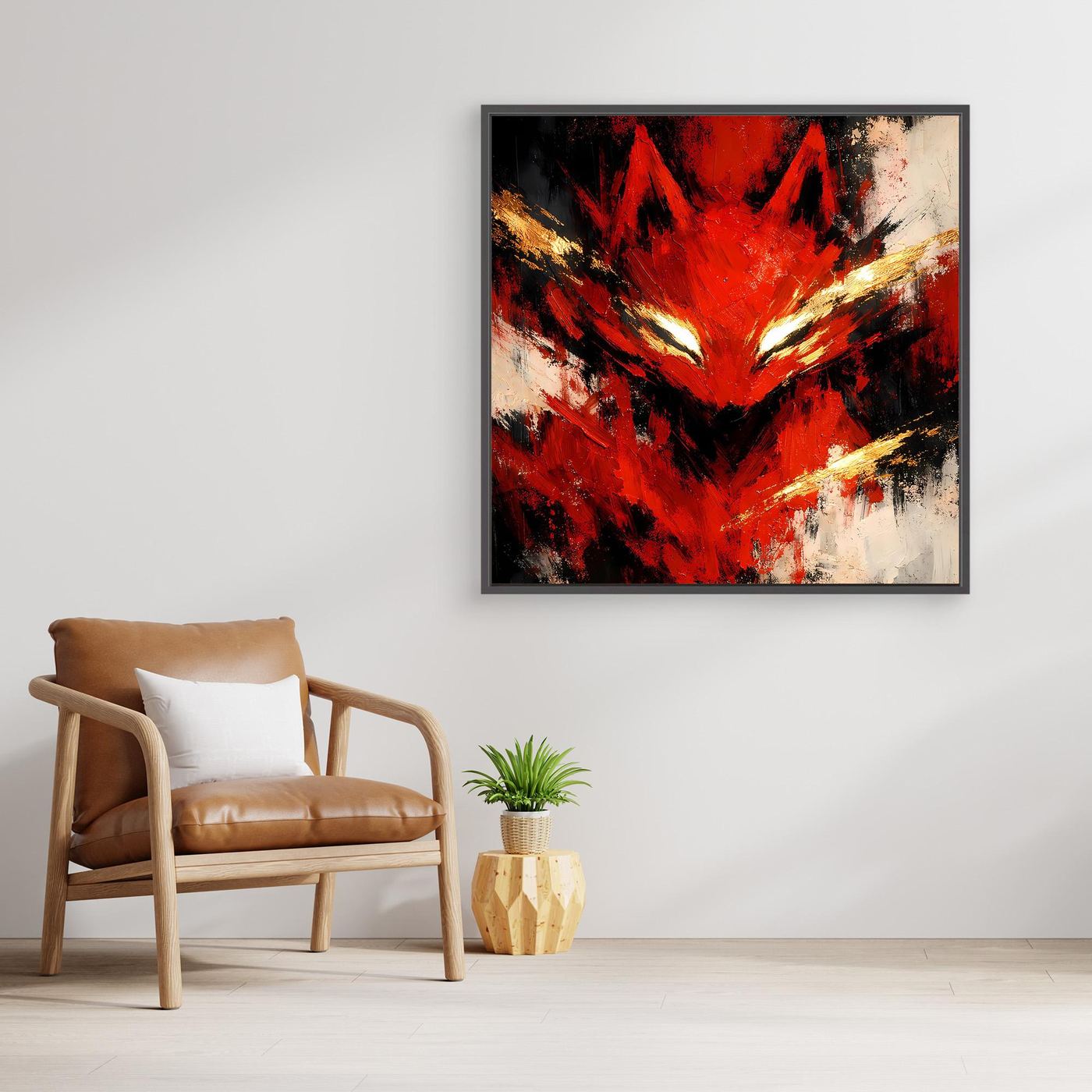 Leinwand Mystischer Kitsune Fuchs in Rot | Abstraktes Japanisches Mythologie Wandbild