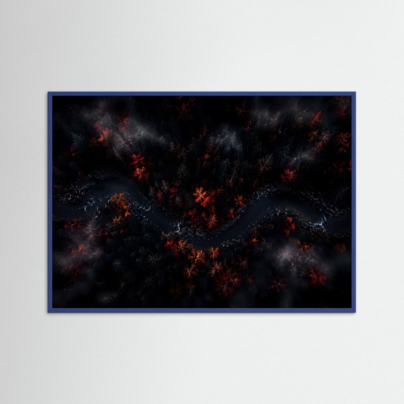 Mystischer Wald aus der Vogelperspektive | Dunkles Herbst Landschaftsbild | Atmosphärische Waldkunst mit Fluss | Modernes Natur Poster | Premium Leinwand