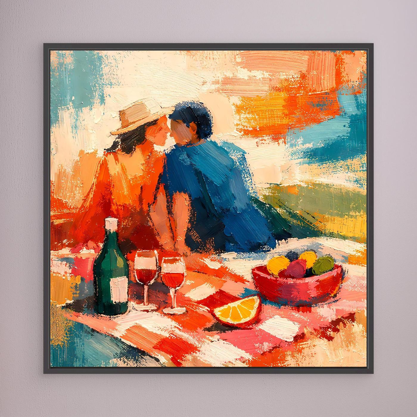 Leinwand-Wandbild mit abstraktem Picknick-Pärchen, schwarzer Rahmen