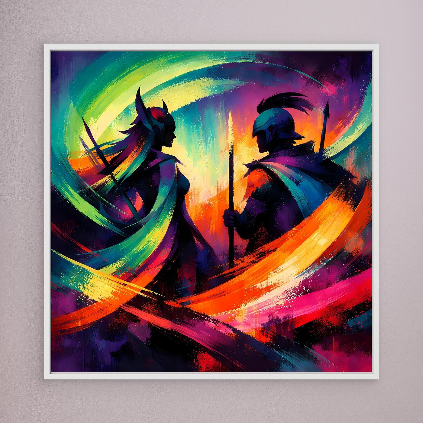 Leinwandbild mit zwei Krieger-Silhouetten und bunten Pinselstrichen, weißer Rahmen