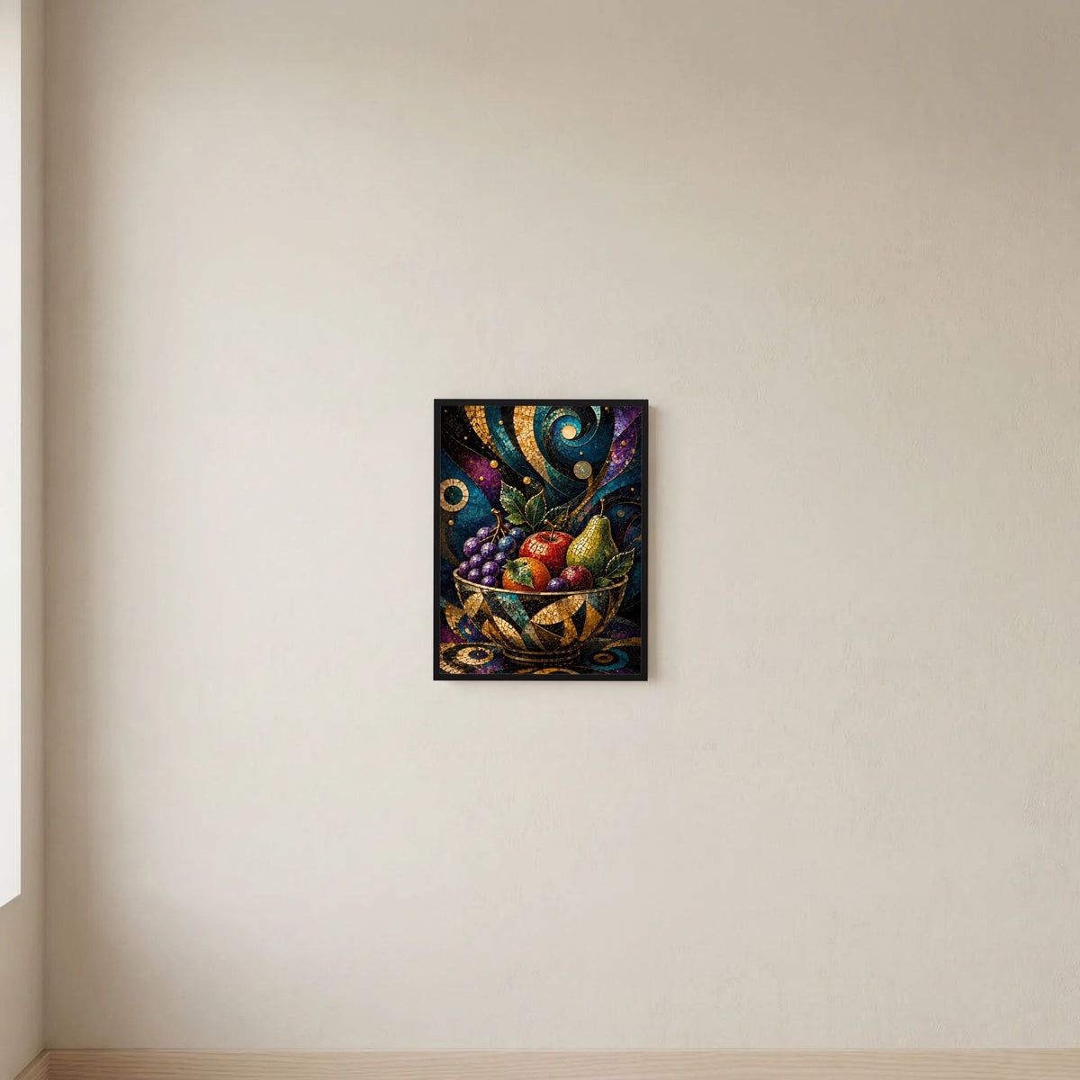 Hochformat-Poster mit Mosaik-Obstschale, bunten Früchten und goldenen Ornamenten im schwarzen Rahmen