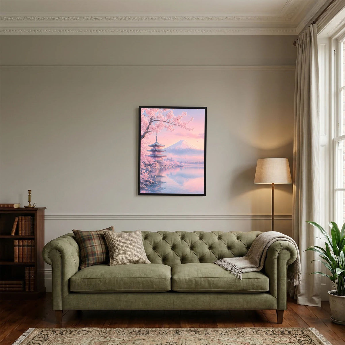 Hochformatiges Poster mit Kirschblütenzweig, Pagode und Fuji im Pastellrosa-Himmel