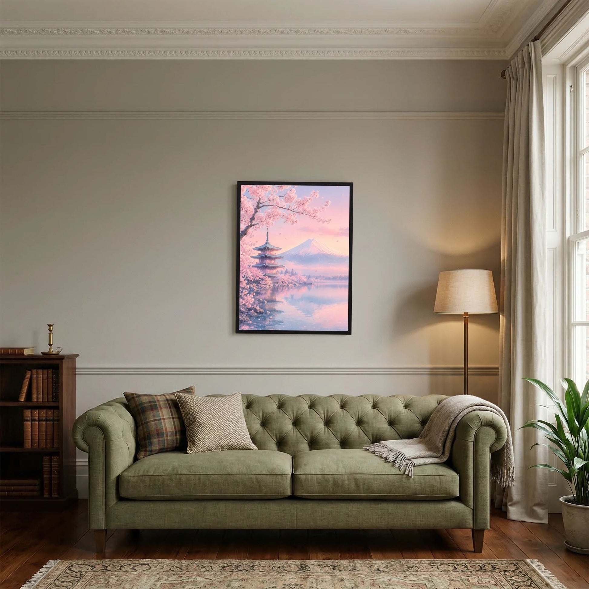 Hochformatiges Poster mit Kirschblütenzweig, Pagode und Fuji im Pastellrosa-Himmel