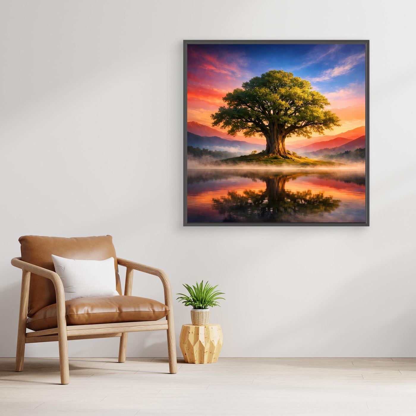 Leinwandbild zeigt Baum und Spiegelung im See bei Sonnenuntergang, mit hellbraunem Rahmen