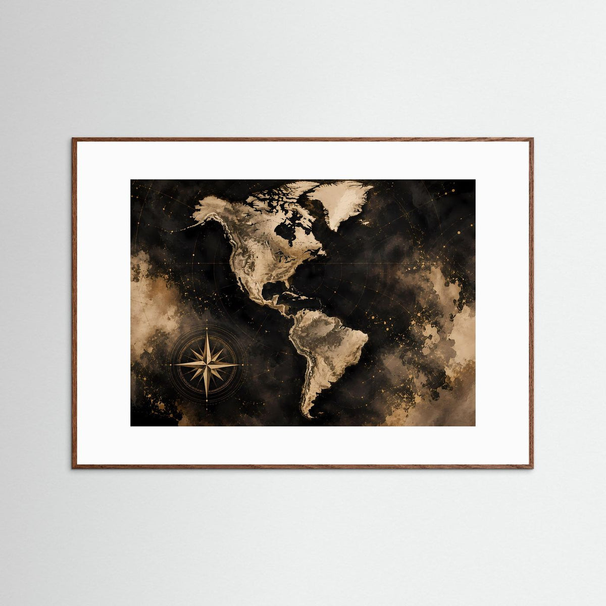 Poster Weltkarte Amerika mit Kompass, schwarz-gold, querformatig, in braunem Holzrahmen