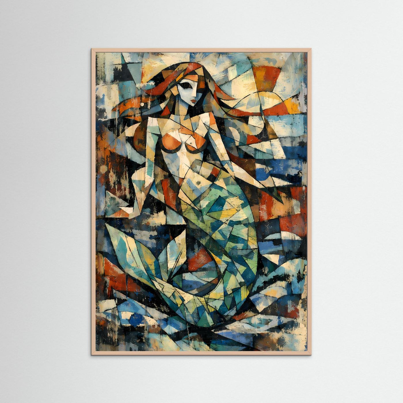 Abstraktes Meerjungfrauen-Poster im rosafarbenen Holzrahmen, geometrisch in Blau und Rost