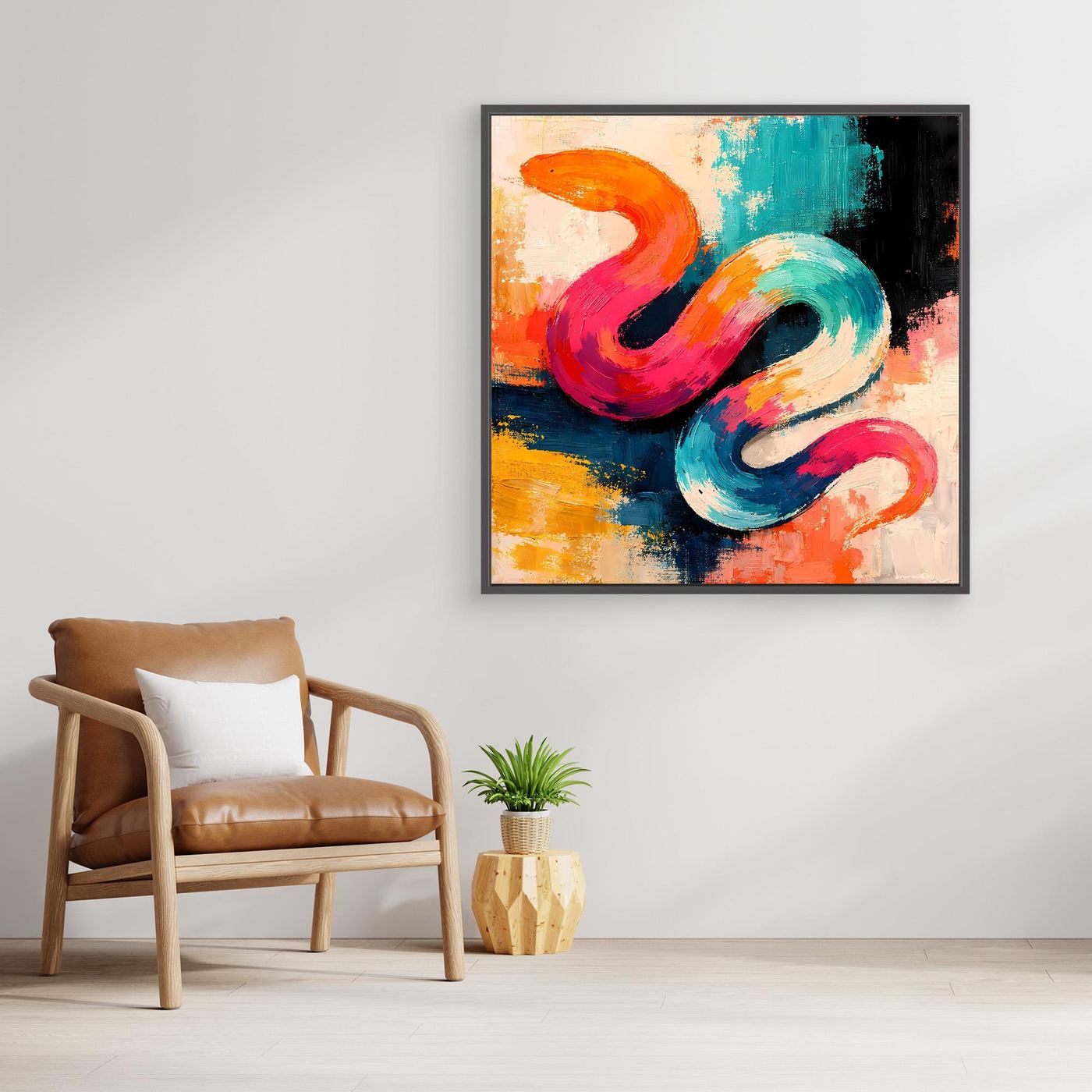 Leinwand-Wandbild mit abstrakter Schlange im Pop-Art-Stil, schwarzer Rahmen