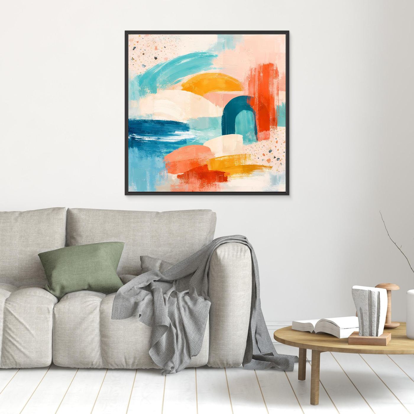 Black-framed abstract pastel canvas with teal, coral, blue, and yellow brushstrokes.