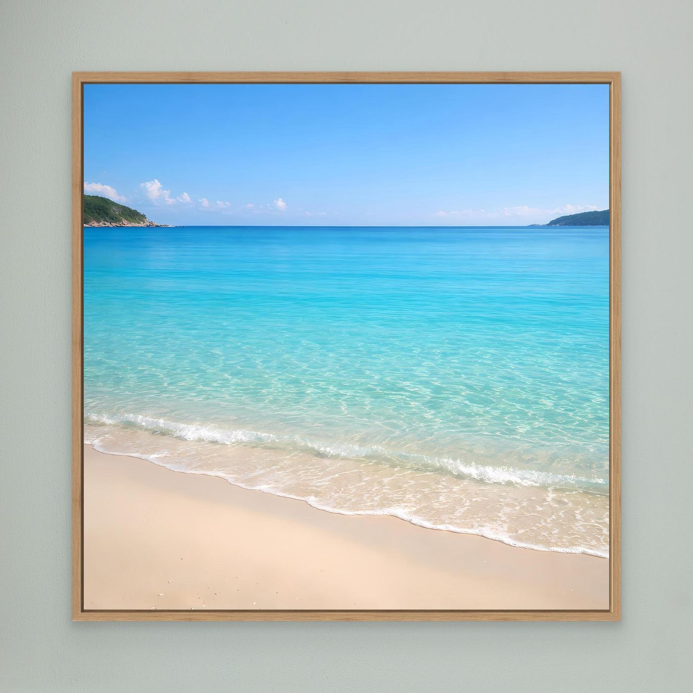 Leinwandbild Tropischer Strand mit türkisfarbenem Meer im Eichenrahmen