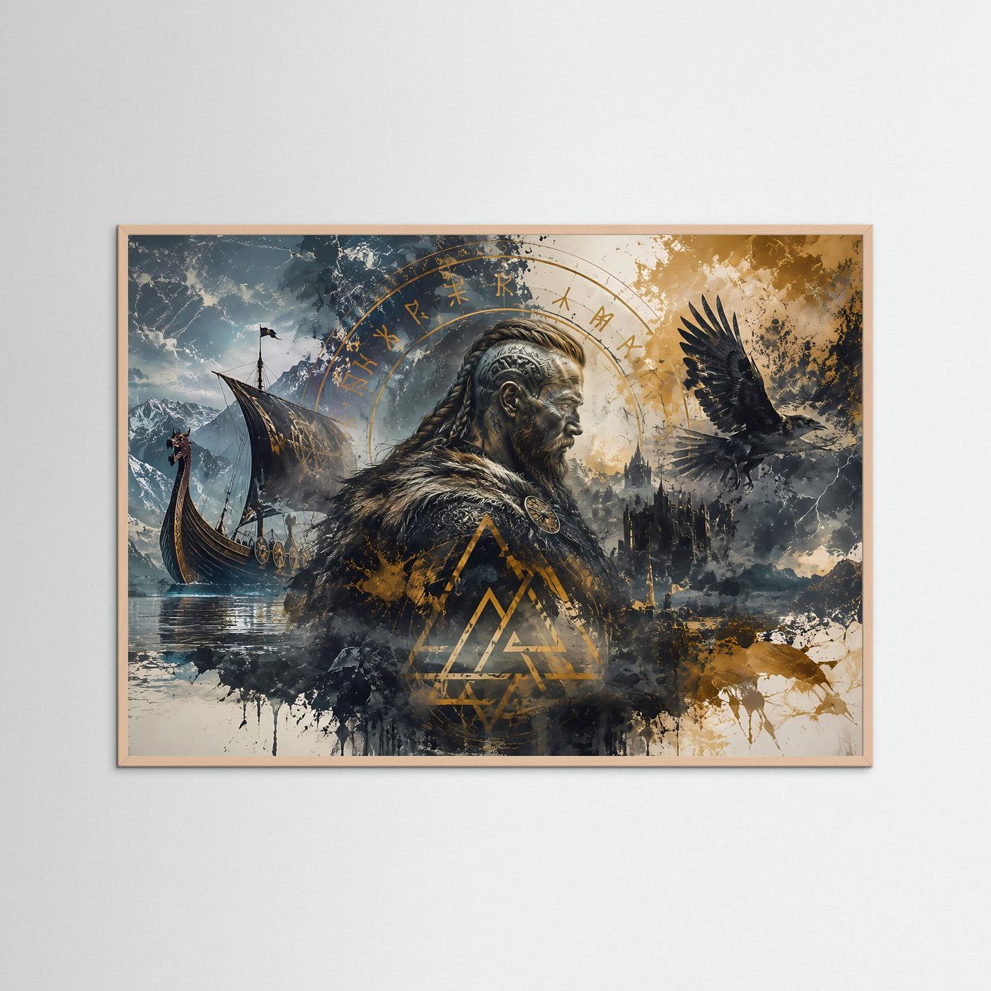 Wikinger Poster | Nordische Mythologie Wandbild | Viking Kunst mit Rabe & Langschiff | Ragnarök Runen | Skandinavische Fine Art