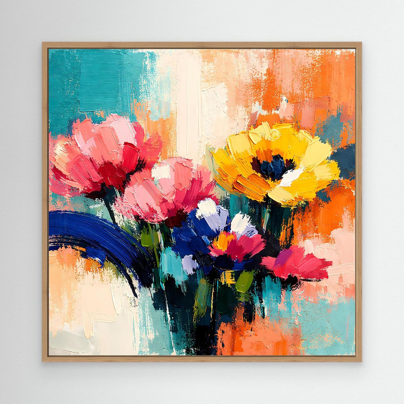 Abstraktes Leinwand-Wandbild mit bunten Sommerblumen in Ölfarbenoptik, Eichenrahmen