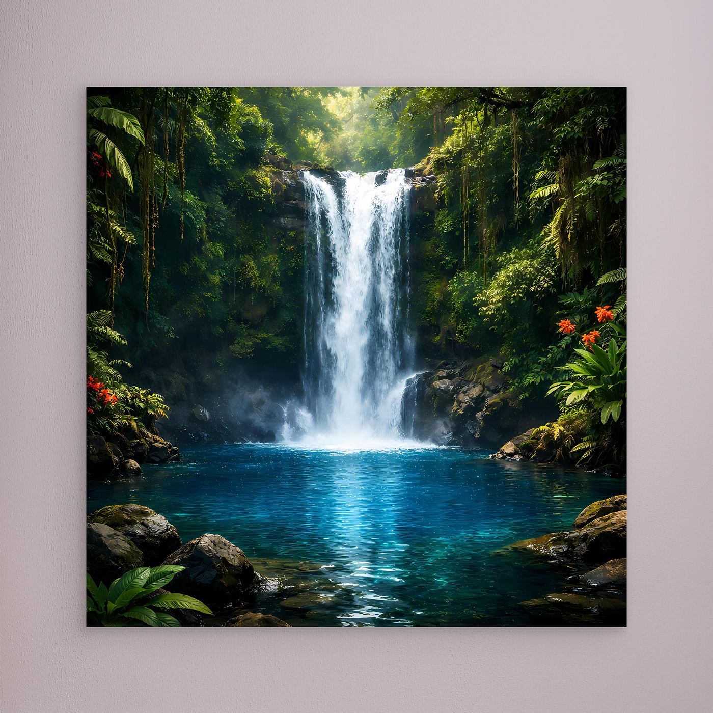 Leinwandbild mit Wasserfall im Dschungel, ohne sichtbare Rahmung, Grün-Blau-Motiv